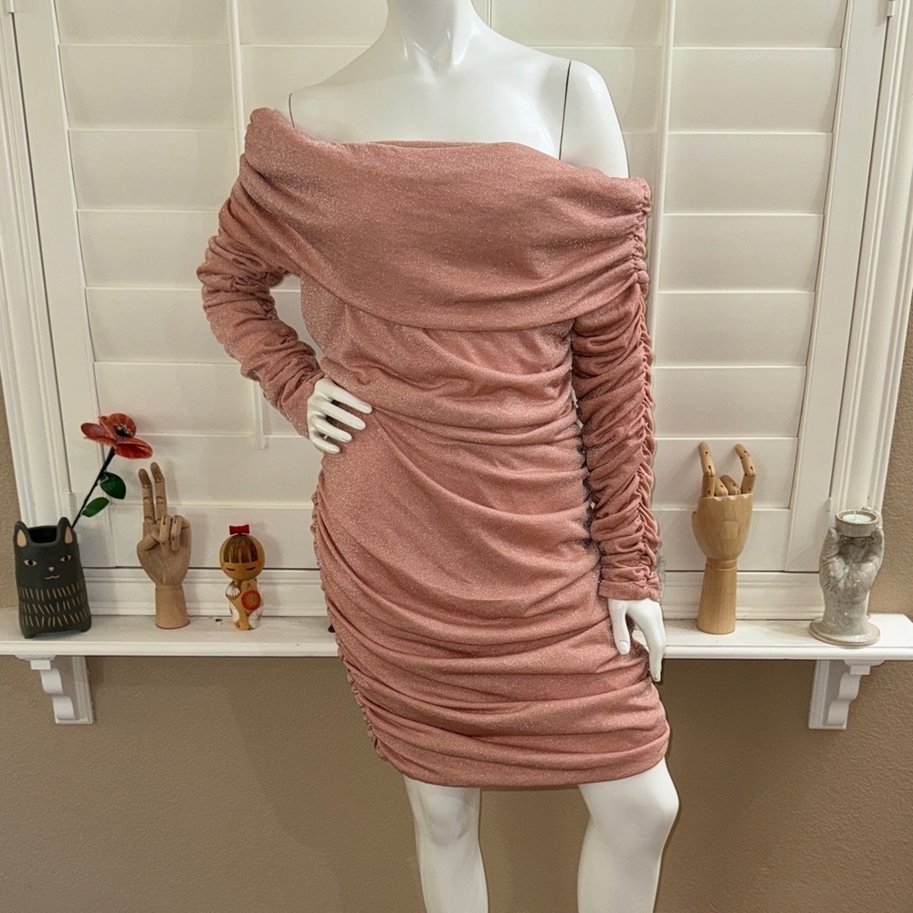 Club L London Ruched Bardot Long Sleeve Sparkle Dress Pink